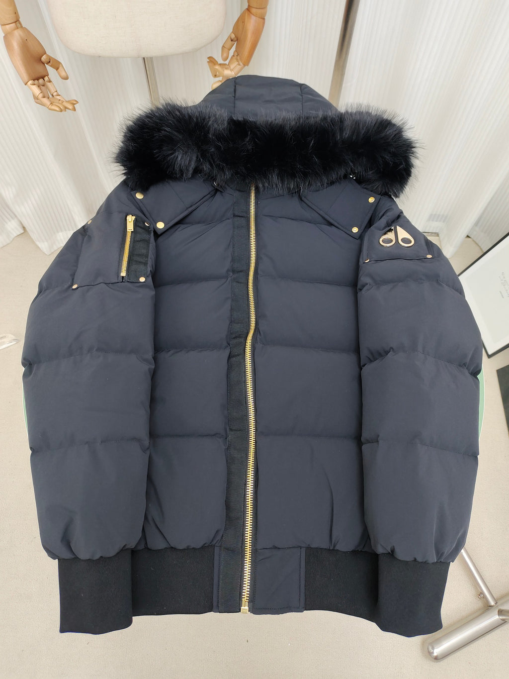 Moose Knuckles Navy Fur-Trim Hooded Puffer Bomber Jacket