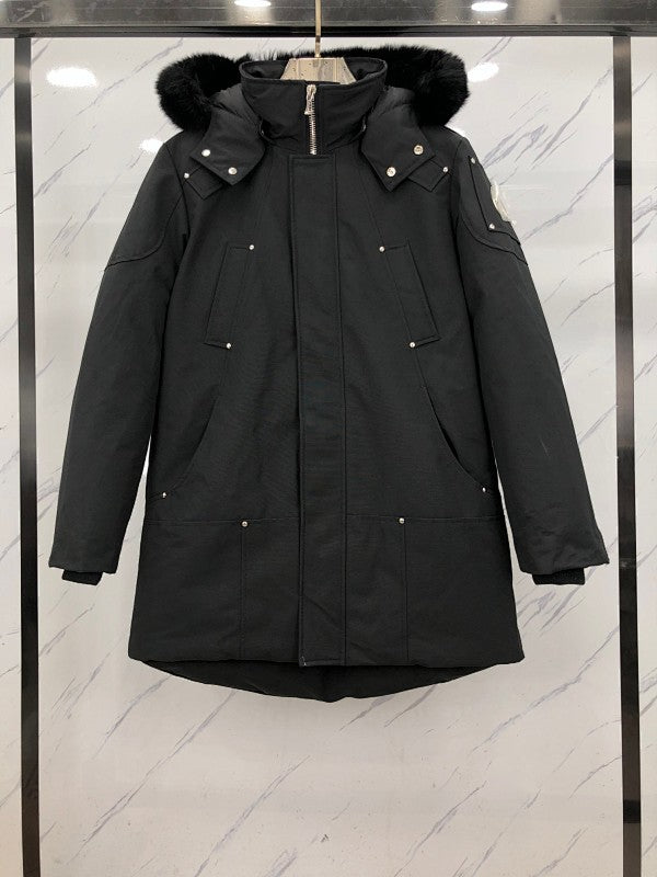 Moose Knuckles Men's Black Fur-Trim Hooded Long Parka