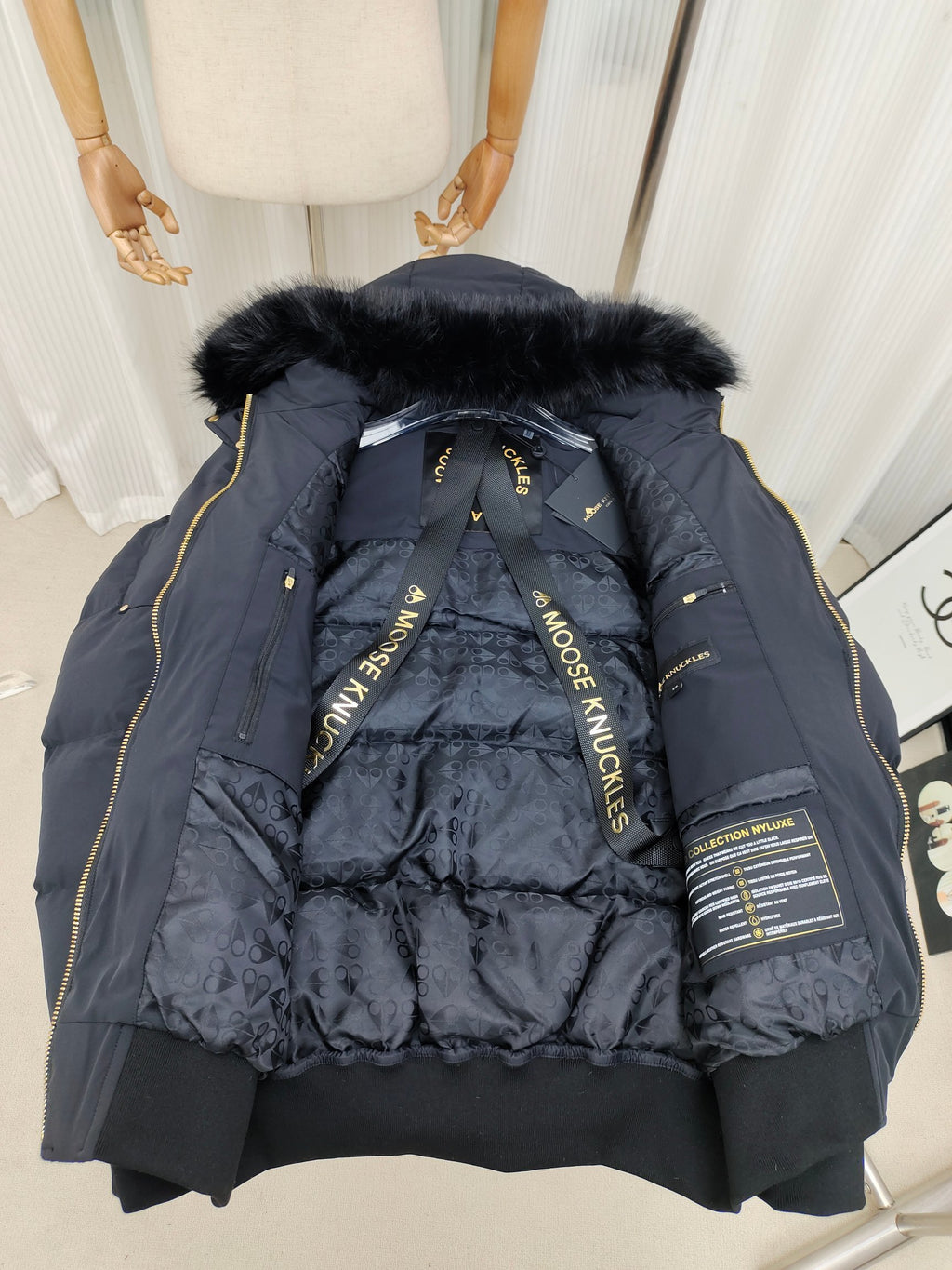 Moose Knuckles Navy Fur-Trim Hooded Puffer Bomber Jacket