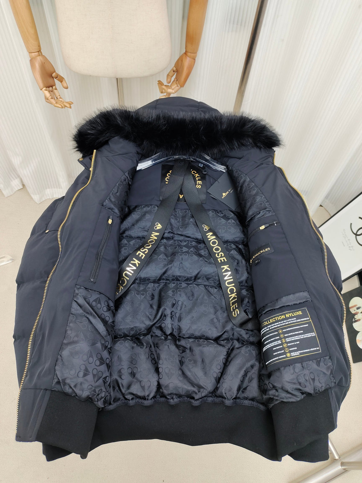 Moose Knuckles Navy Fur-Trim Hooded Puffer Bomber Jacket