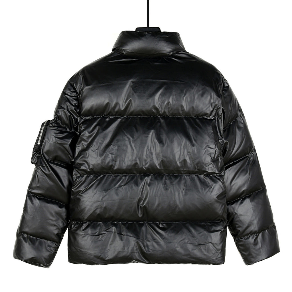Prada Black Glossy Stand-Collar Puffer Jacket with Oversized Pockets