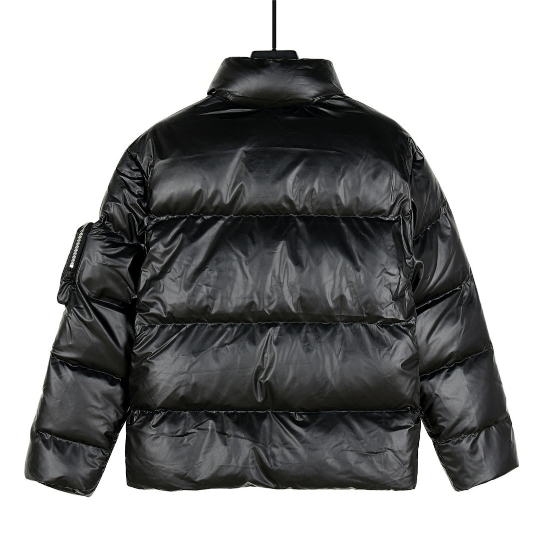Prada Black Glossy Stand-Collar Puffer Jacket with Oversized Pockets