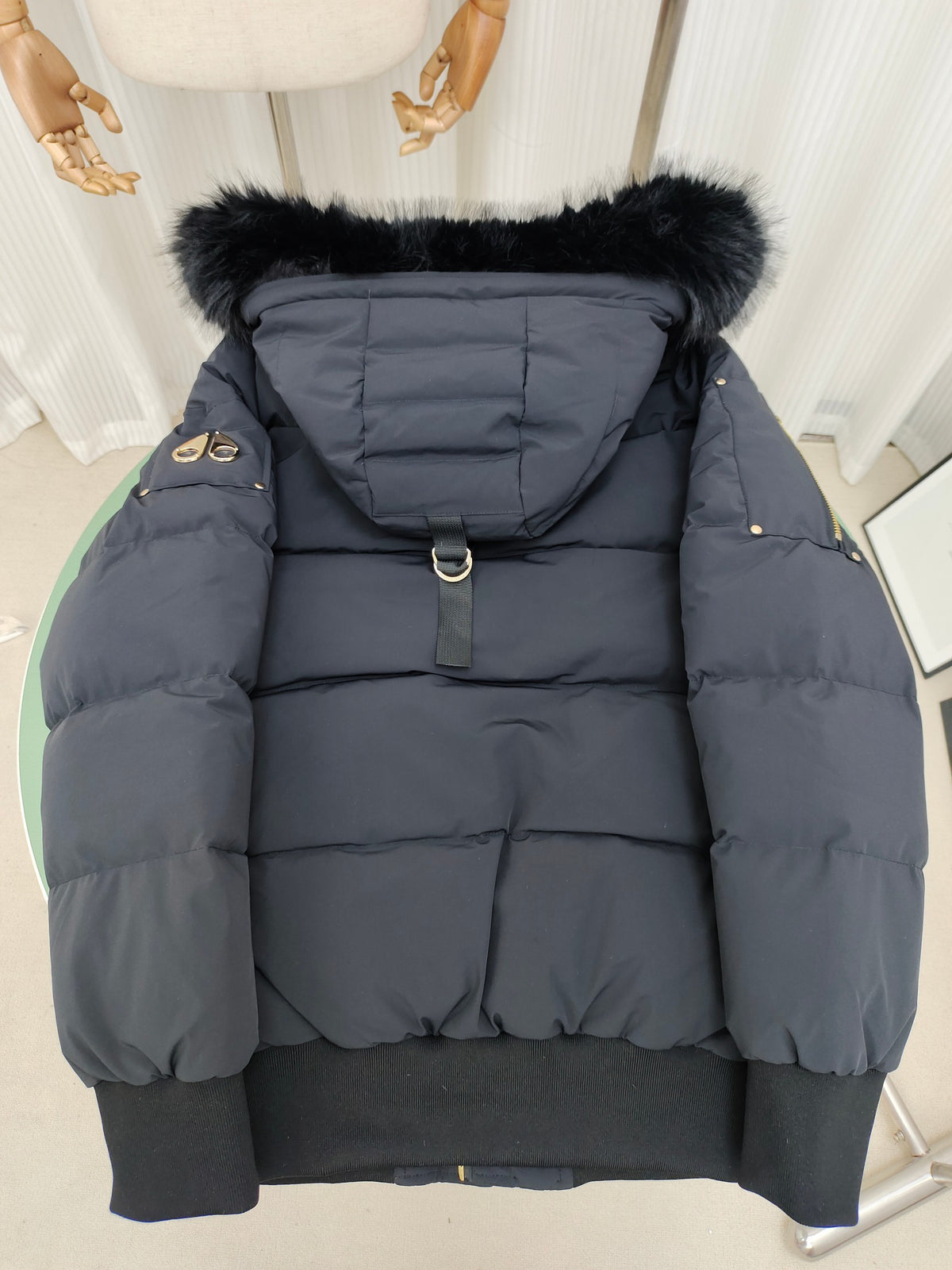 Moose Knuckles Navy Fur-Trim Hooded Puffer Bomber Jacket