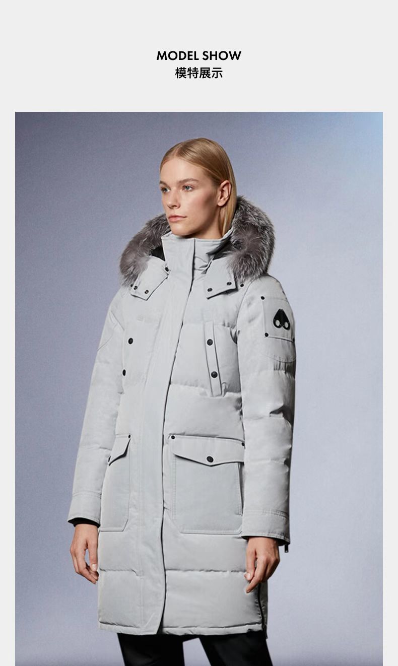 Moose Knuckles Light Gray Fur-Trim Hooded Long Parka