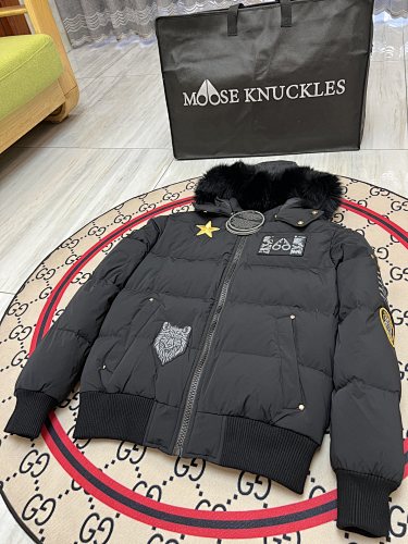 Moose Knuckles Black Unisex Patch-Detail Fur-Trim Bomber Jacket