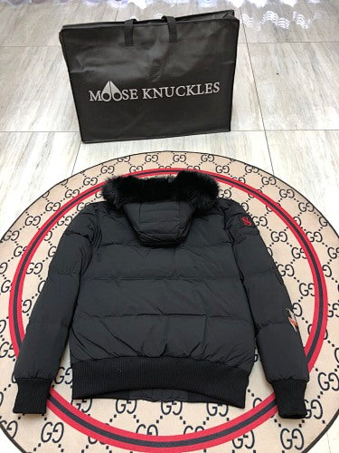 Moose Knuckles Black Unisex Patch-Detail Fur-Trim Bomber Jacket