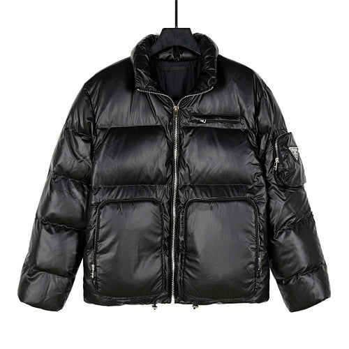Prada Black Glossy Stand-Collar Puffer Jacket with Oversized Pockets