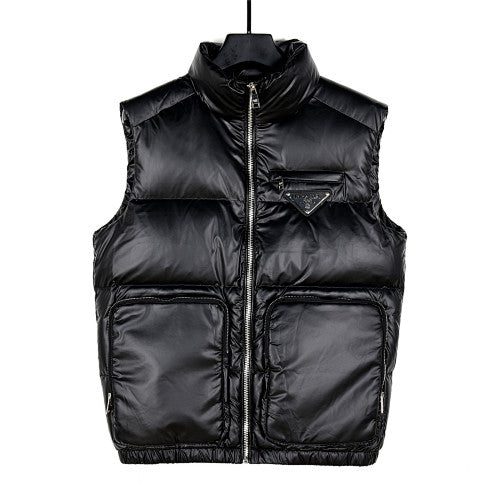 Prada Black Glossy Stand-Collar Puffer Vest with Oversized Pockets