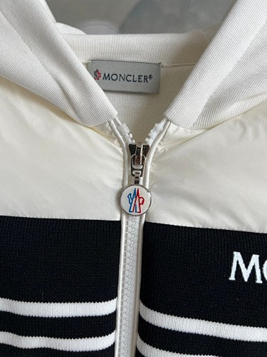 Moncler White Hooded Knit-Panel Down Jacket with Black Chest Stripe
