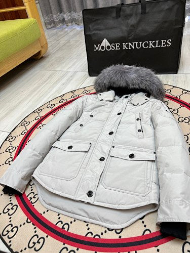 Moose Knuckles Women's Light Gray Fur-Trim Hooded Parka