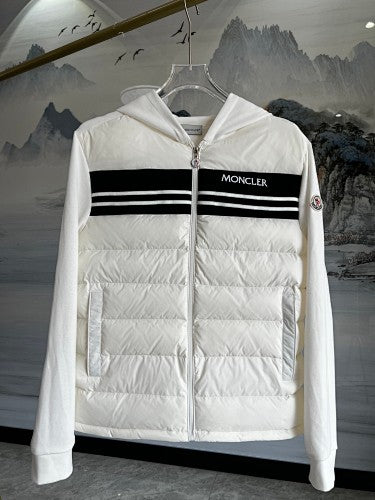 Moncler White Hooded Knit-Panel Down Jacket with Black Chest Stripe