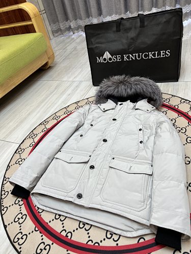 Moose Knuckles Men's Light Gray Fur-Trim Hooded Parka