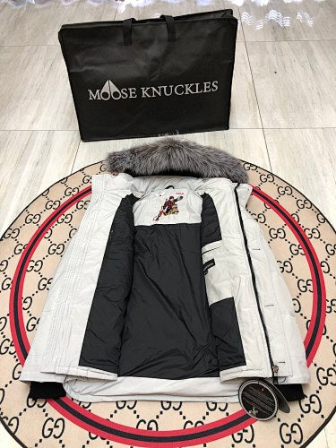 Moose Knuckles Men's Light Gray Fur-Trim Hooded Parka