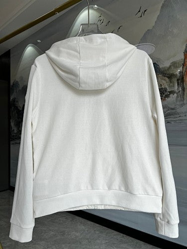 Moncler White Hooded Knit-Panel Down Jacket with Black Chest Stripe