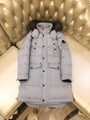 Moose Knuckles Light Gray Fur-Trim Hooded Long Parka