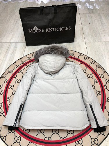 Moose Knuckles Men's Light Gray Fur-Trim Hooded Parka