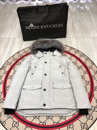 Moose Knuckles Men's Light Gray Fur-Trim Hooded Parka