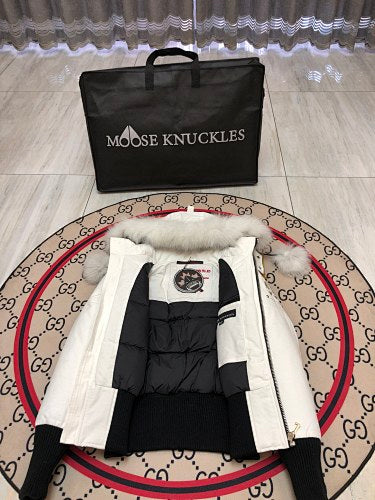 Moose Knuckles Women's White Fur-Trim Hooded Bomber Jacket