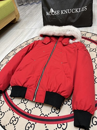 Moose Knuckles Men's Red Fur-Trim Hooded Bomber Jacket