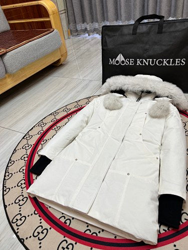Moose Knuckles Women's White Fur-Trim Hooded Long Parka