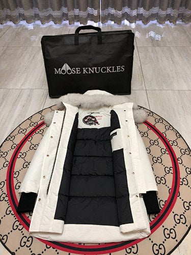 Moose Knuckles Women's White Fur-Trim Hooded Long Parka
