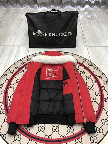 Moose Knuckles Men's Red Fur-Trim Hooded Bomber Jacket