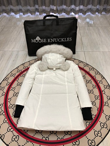 Moose Knuckles Women's White Fur-Trim Hooded Long Parka