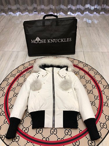 Moose Knuckles Women's White Fur-Trim Hooded Bomber Jacket