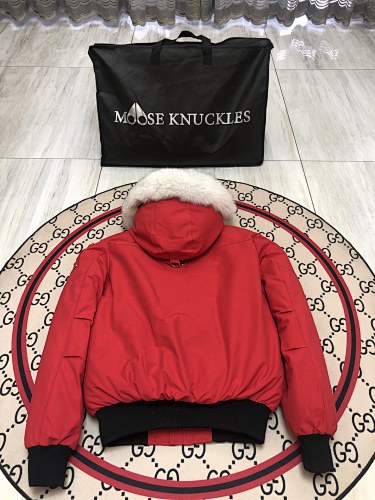 Moose Knuckles Men's Red Fur-Trim Hooded Bomber Jacket