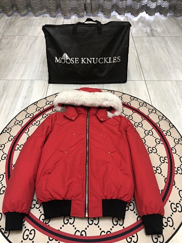 Moose Knuckles Men's Red Fur-Trim Hooded Bomber Jacket