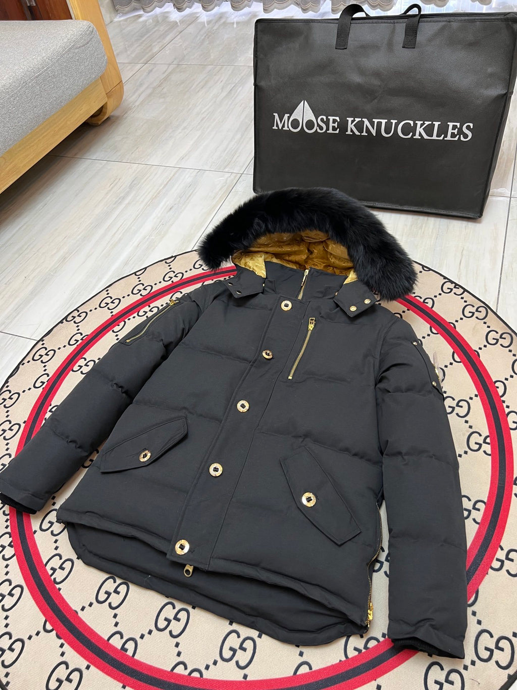 Moose Knuckles Men's Black Quilted Jacket with Plush Hood Trim