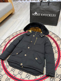 Moose Knuckles Men's Black Quilted Jacket with Plush Hood Trim