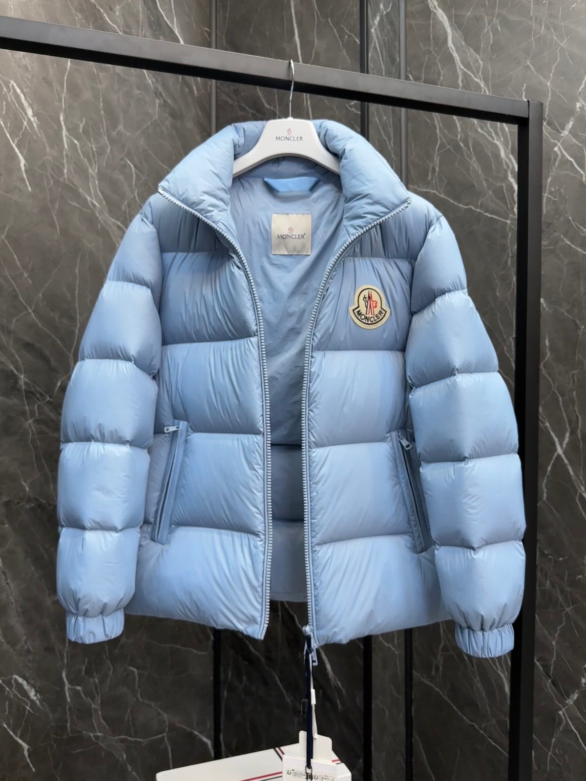 Moncler Light Blue Stand-Collar Puffer Jacket with Oversized Logo