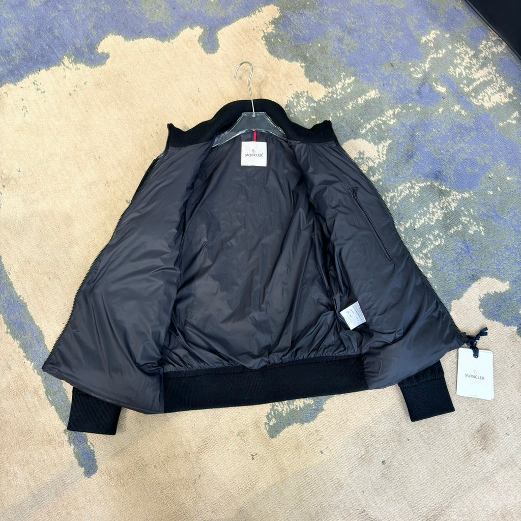 Moncler Dark Navy Quilted-Front Knit Jacket with Striped Sleeves