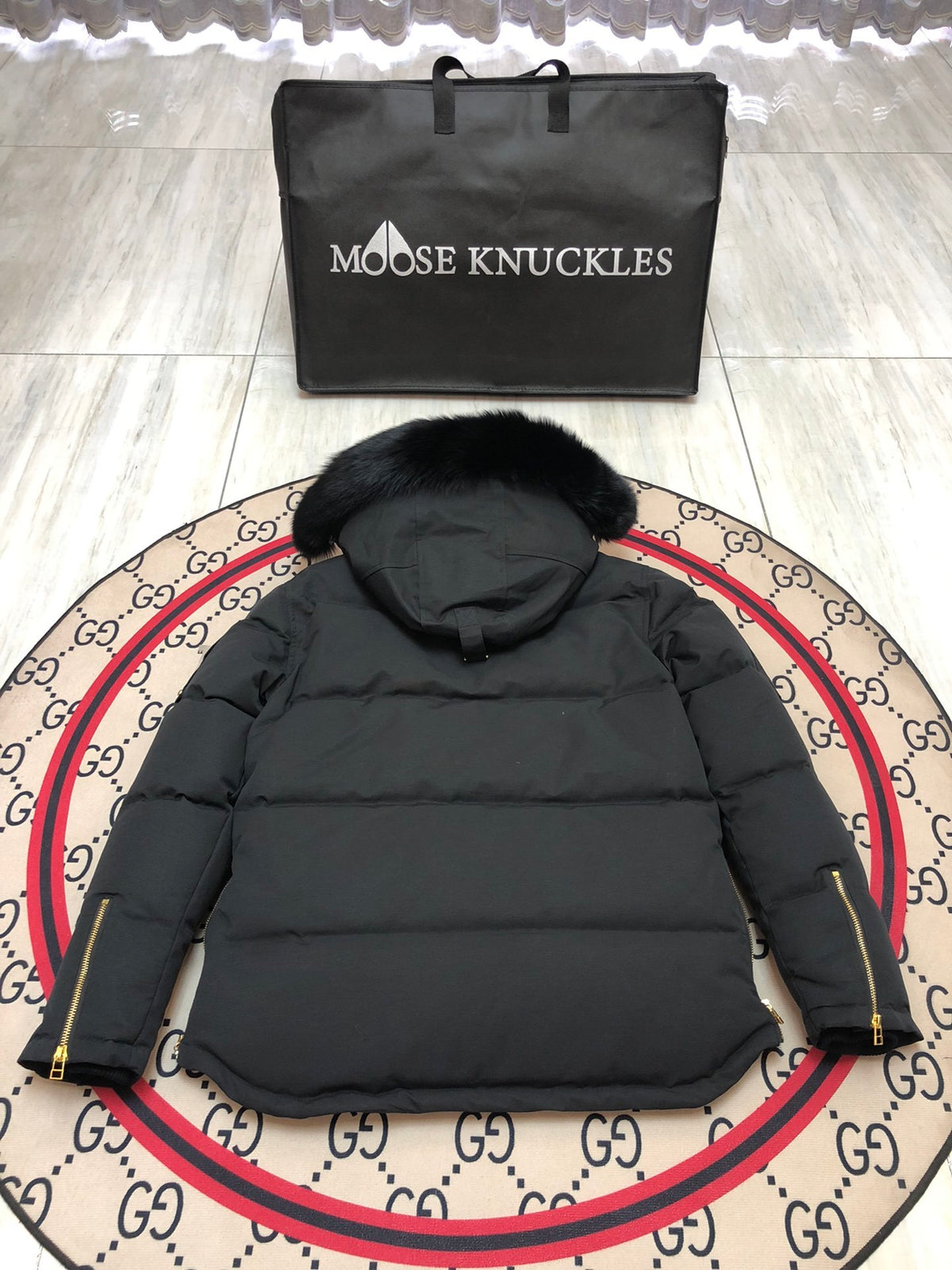 Moose Knuckles Men's Black Quilted Jacket with Plush Hood Trim
