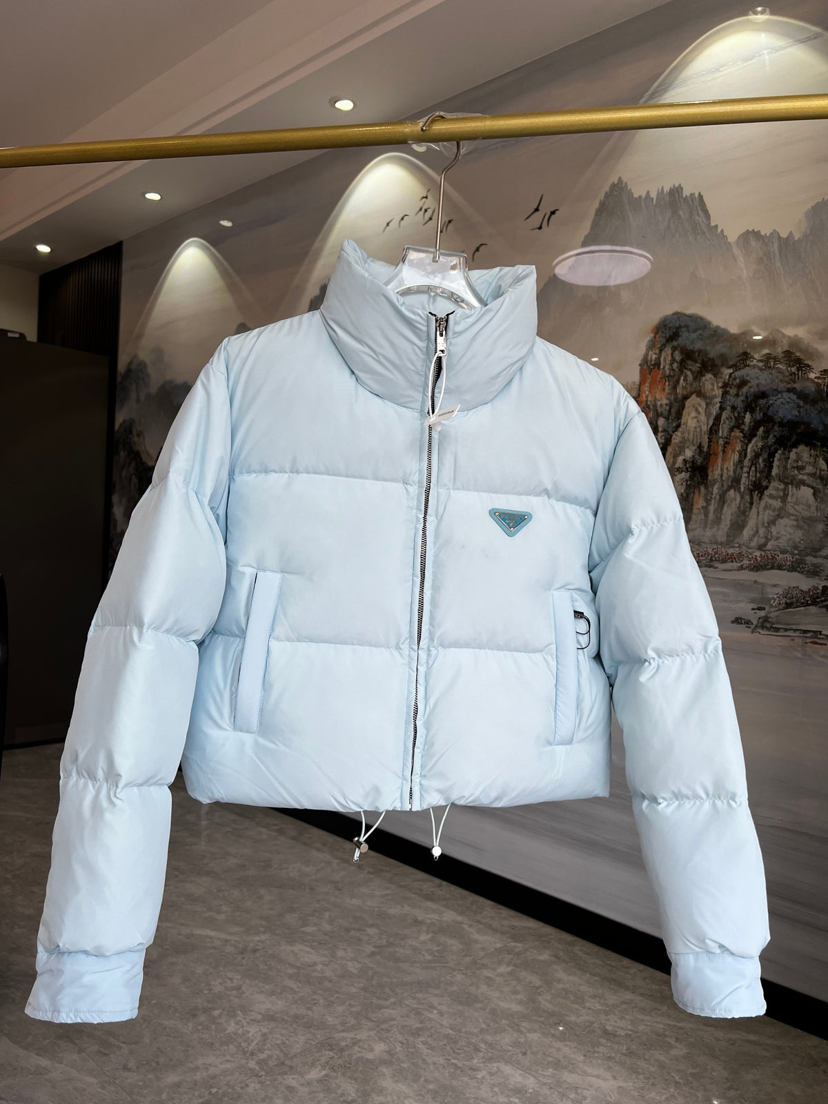 Prada Light Blue Cropped Stand-Collar Puffer Jacket