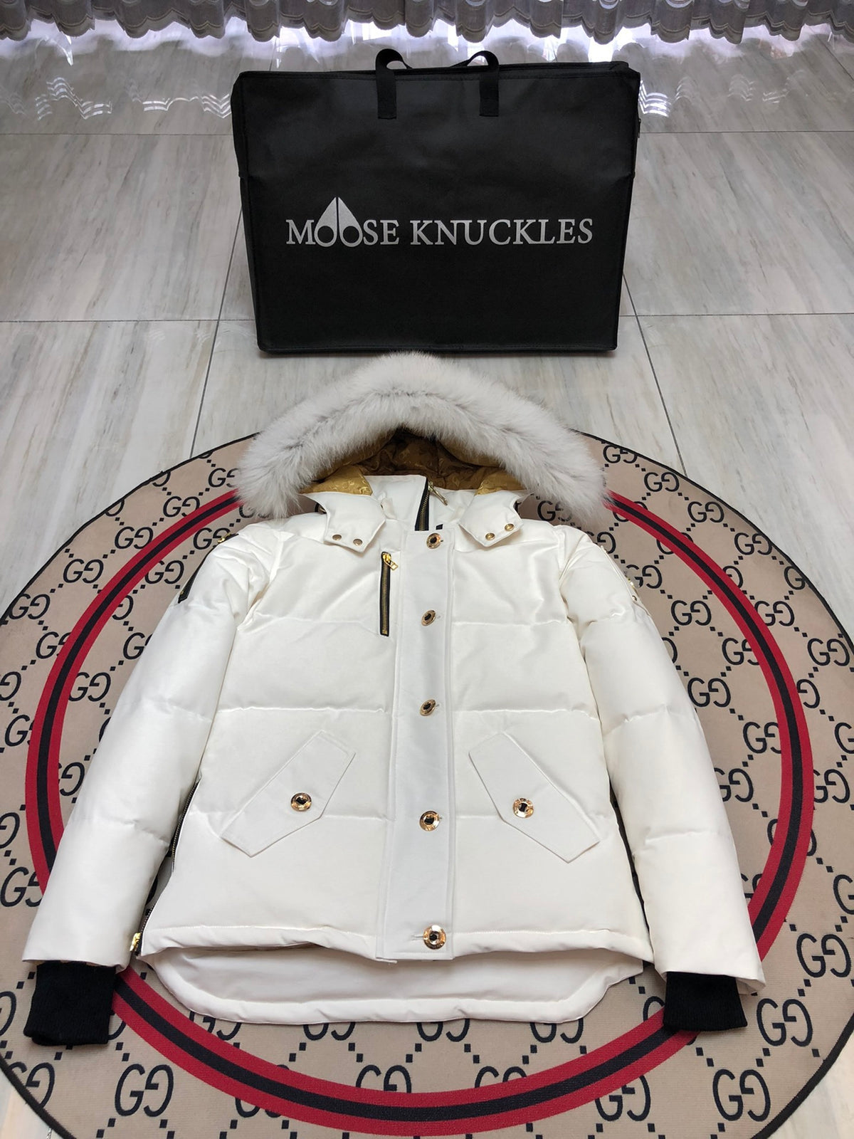 Moose Knuckles Women's White Quilted Jacket with Plush Hood Trim