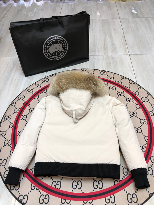 Canada Goose Chilliwack White Fur-Trim Hooded Bomber Jacket