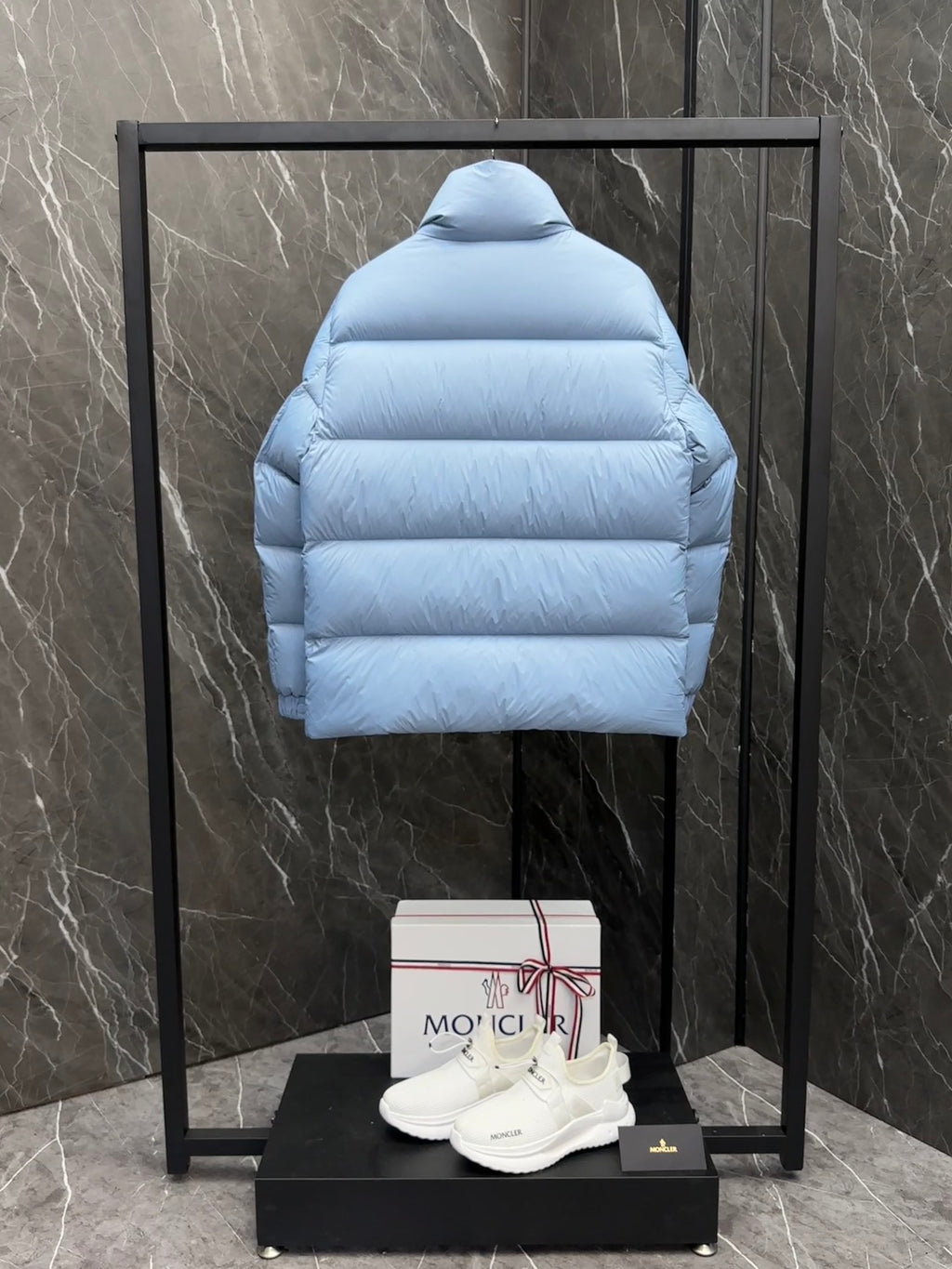 Moncler Light Blue Stand-Collar Puffer Jacket with Oversized Logo