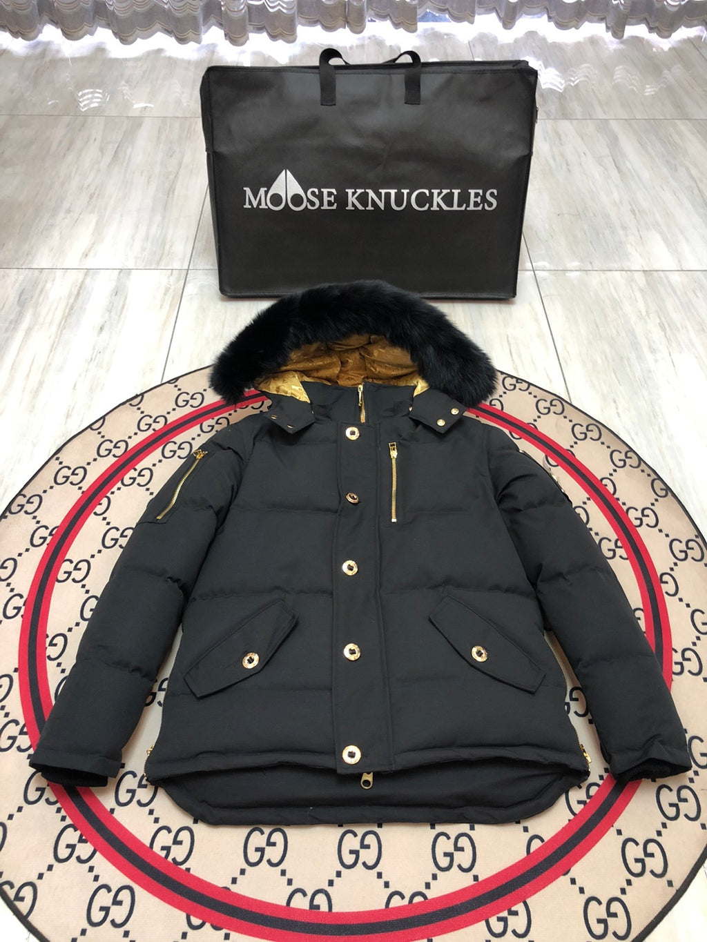 Moose Knuckles Men's Black Quilted Jacket with Plush Hood Trim