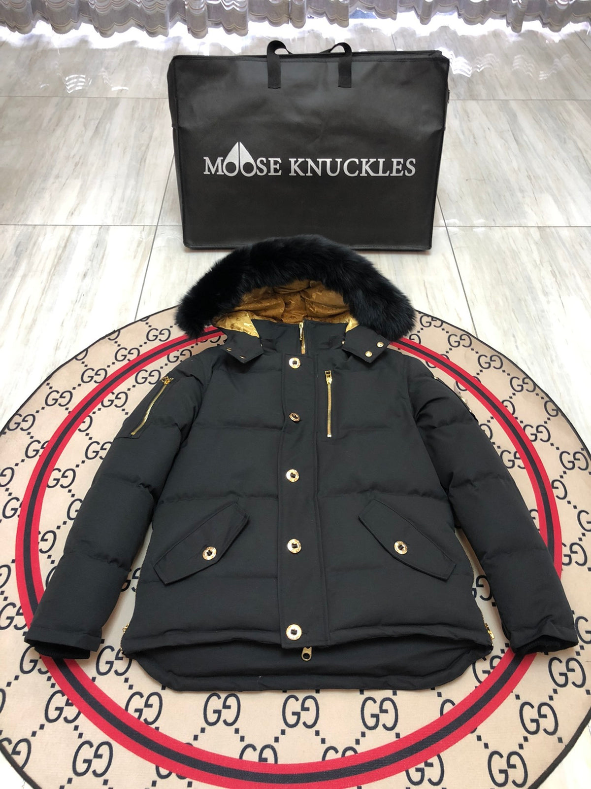 Moose Knuckles Men's Black Quilted Jacket with Plush Hood Trim