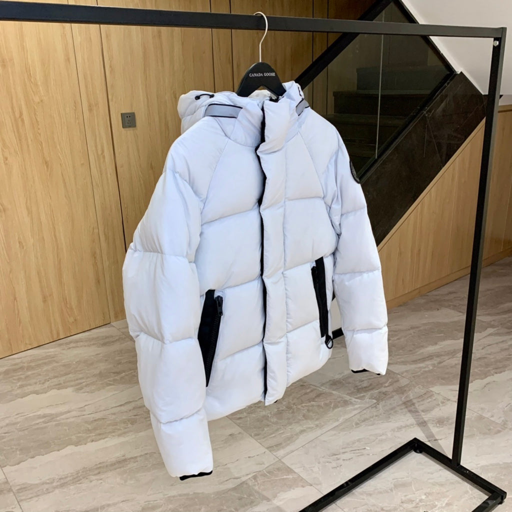 Canada Goose White Hooded Puffer Jacket with Black Badge