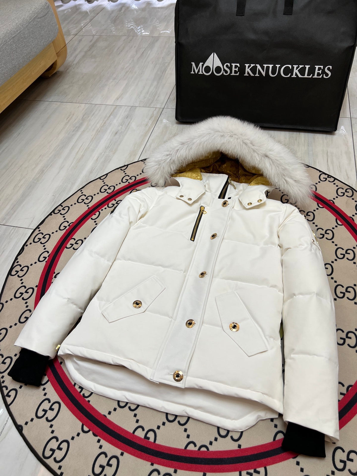 Moose Knuckles Women's White Quilted Jacket with Plush Hood Trim