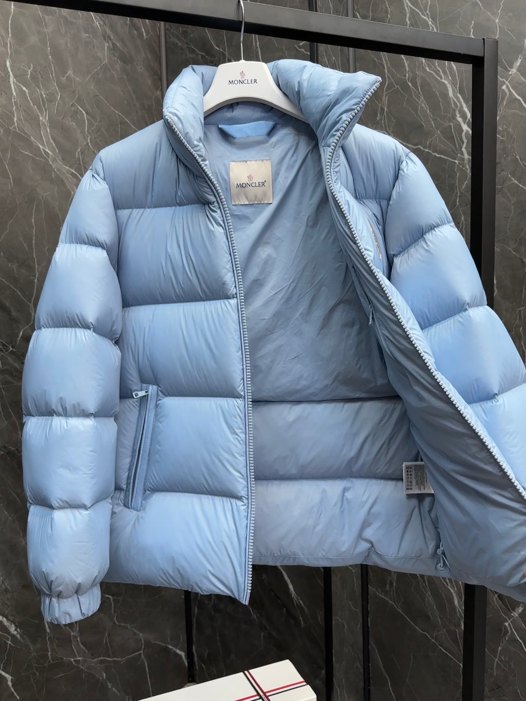Moncler Light Blue Stand-Collar Puffer Jacket with Oversized Logo