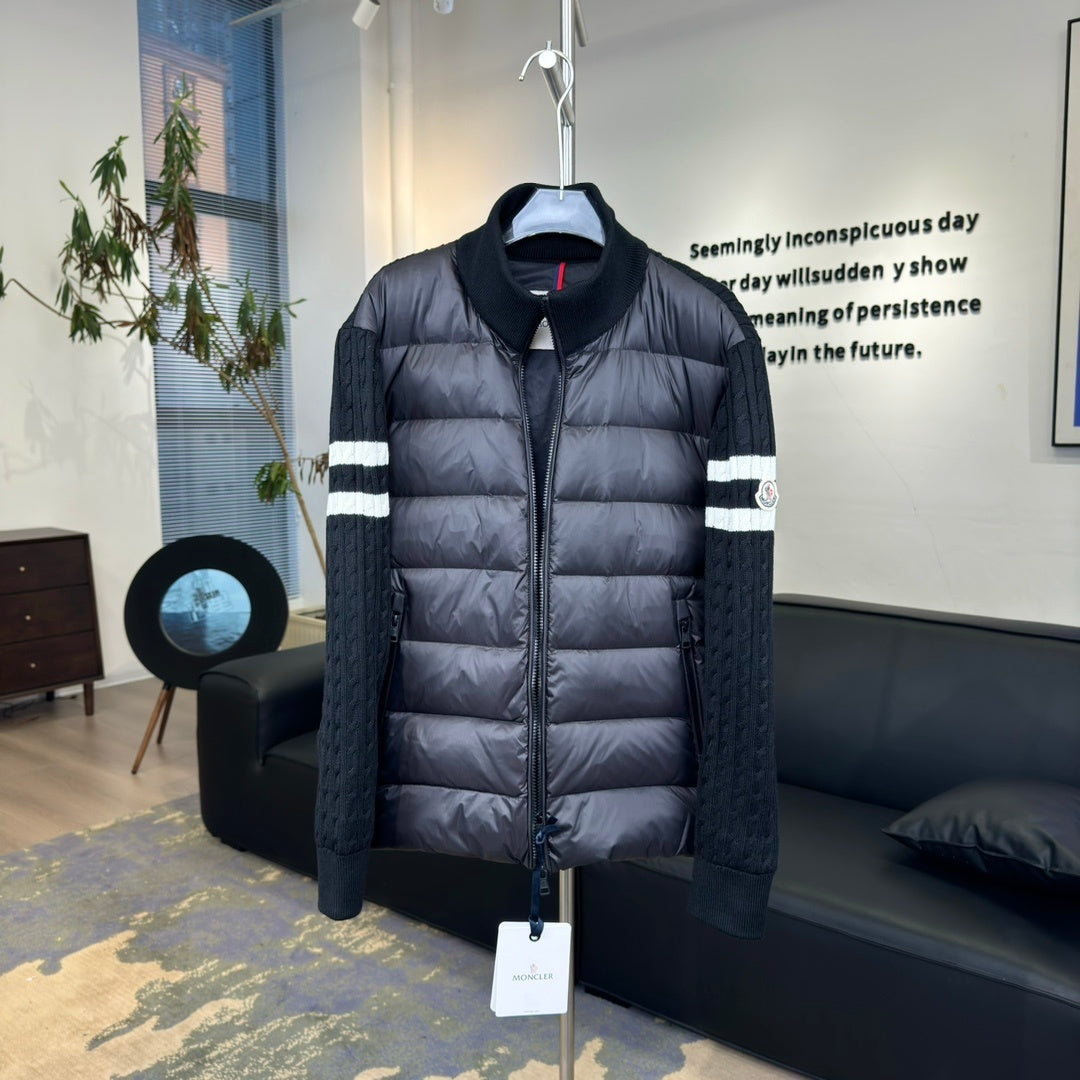 Moncler Dark Navy Quilted-Front Knit Jacket with Striped Sleeves