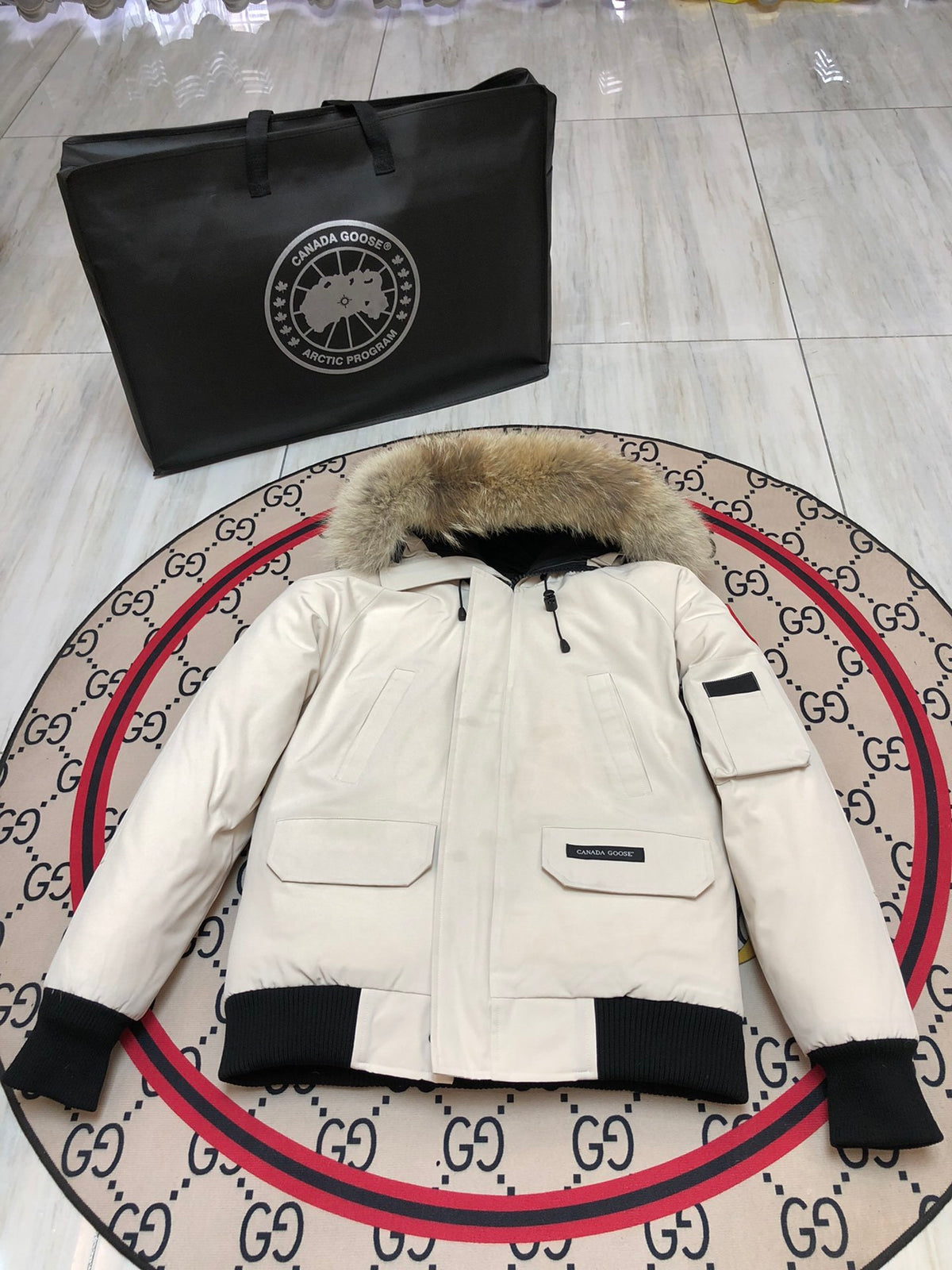 Canada Goose Chilliwack White Fur-Trim Hooded Bomber Jacket