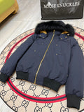 Moose Knuckles Men's Navy Hooded Bomber Jacket with Plush Trim