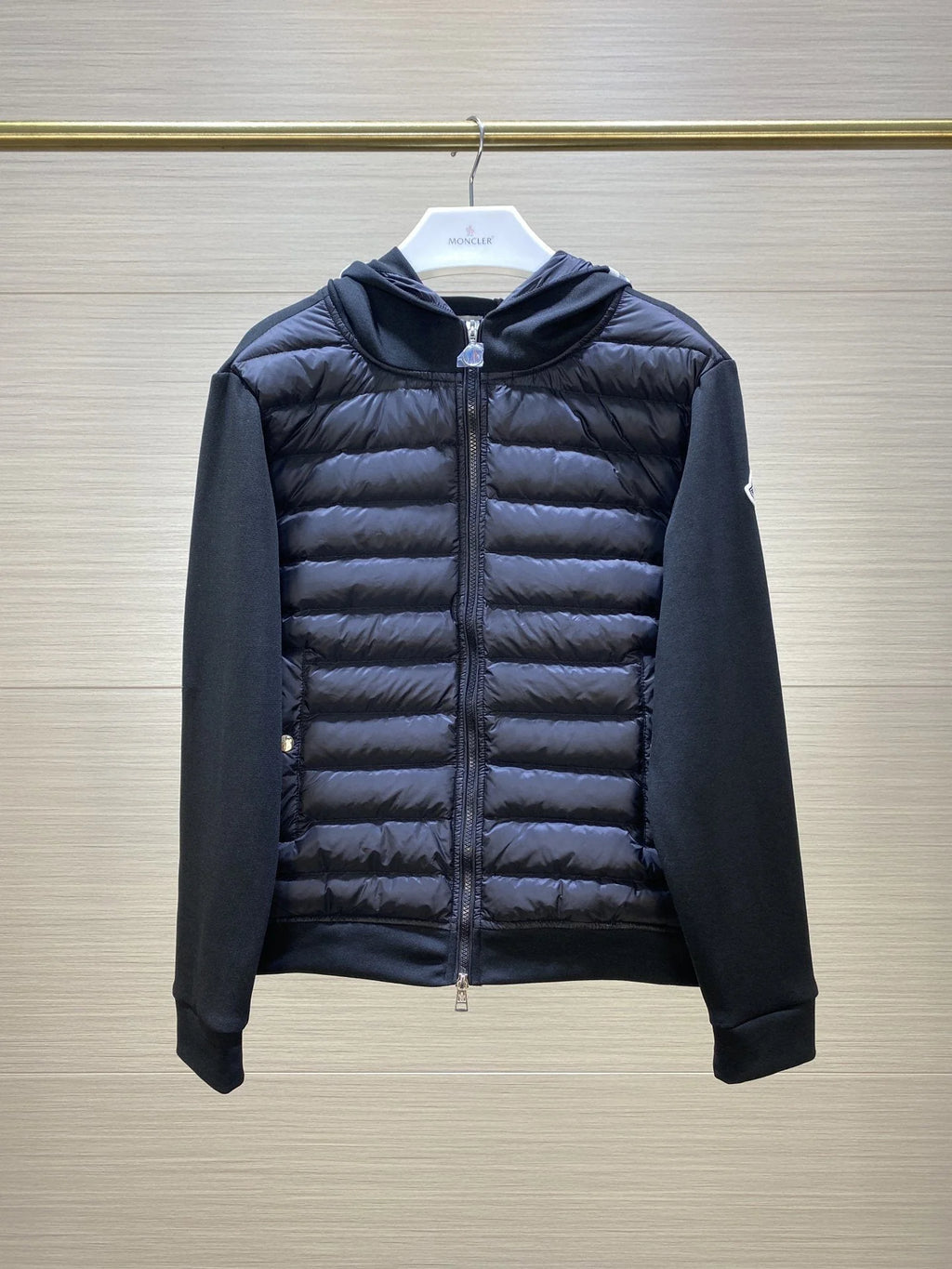 Moncler Black Hooded Knit-Sleeve Down Jacket
