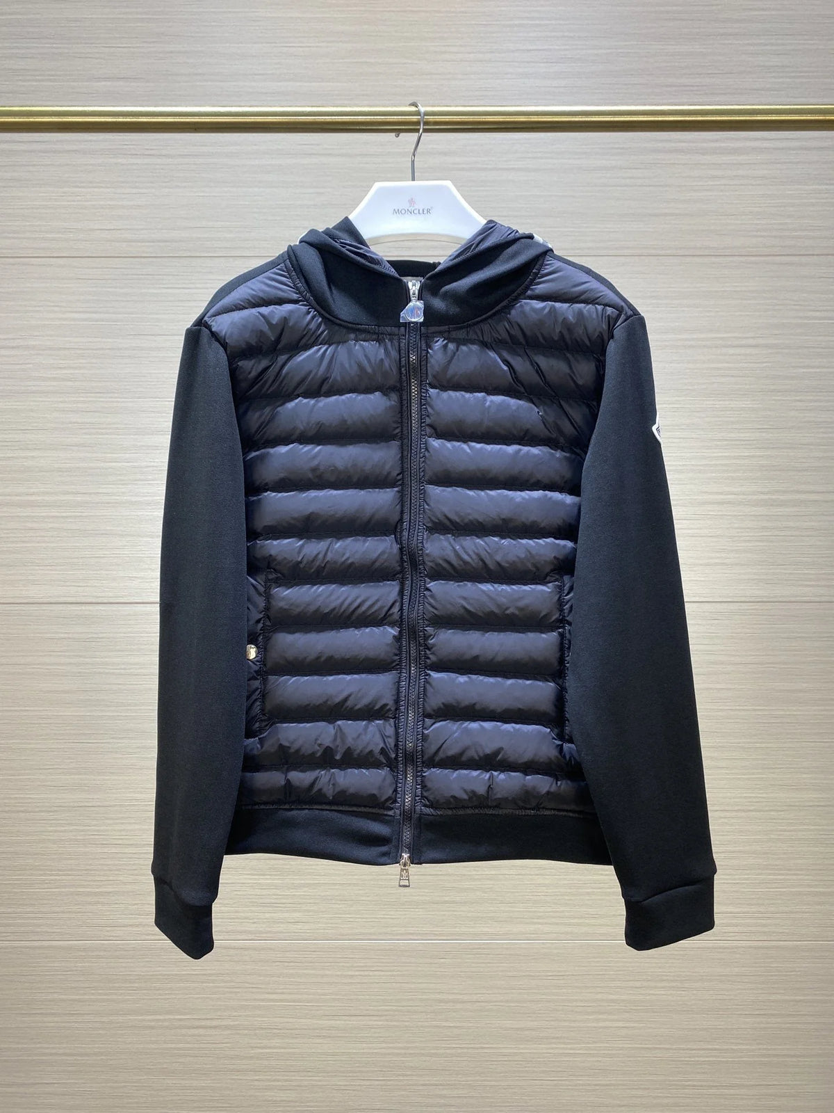 Moncler Black Hooded Knit-Sleeve Down Jacket