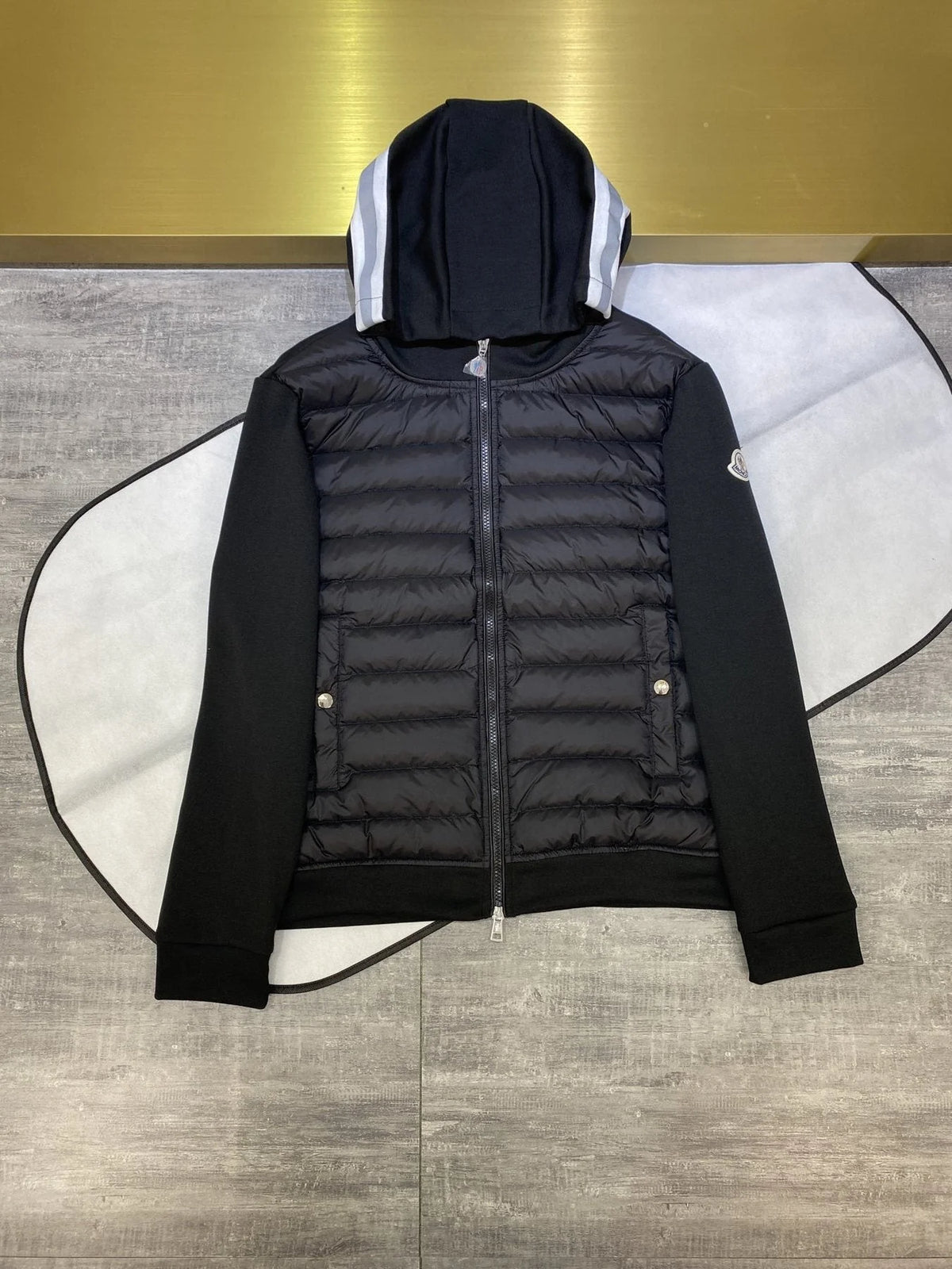 Moncler Black Hooded Knit-Sleeve Down Jacket